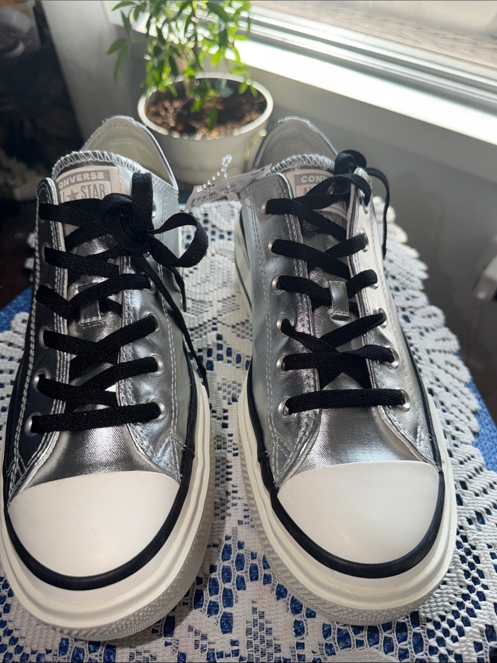 Converse Chuck Taylor All Star Lift Platform Sneakers Metallic Silver Low Top - Picture 2 of 12